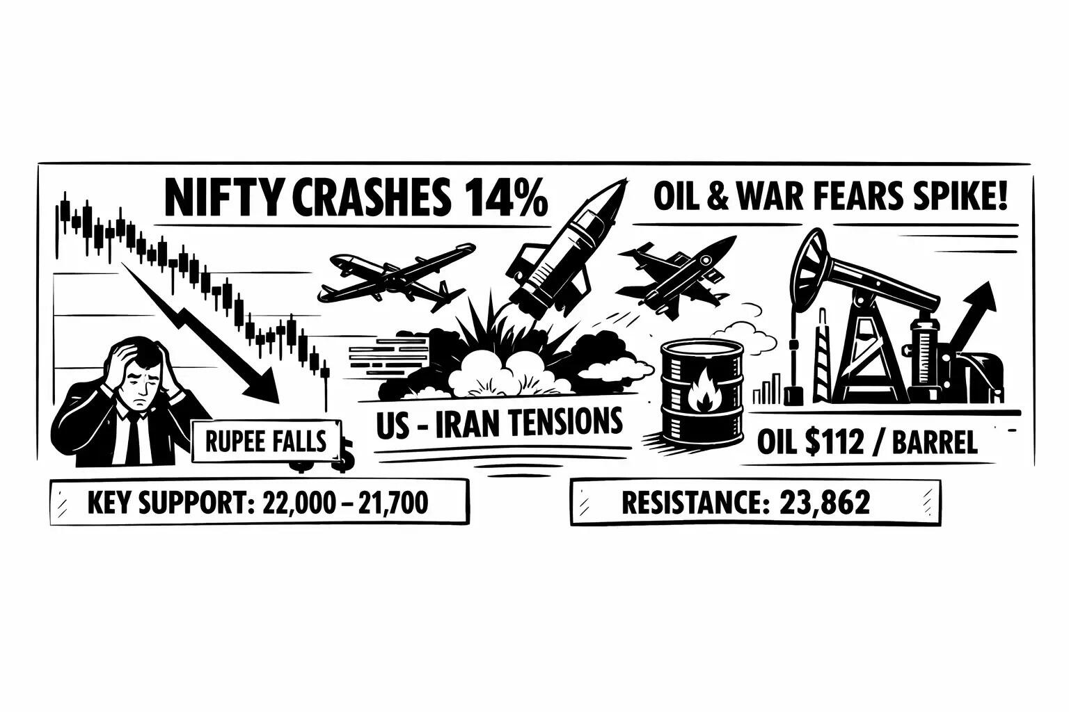 Nifty 50 falling sharply due to geopolitical tensions, rising Brent crude oil prices, and weakening Indian rupee