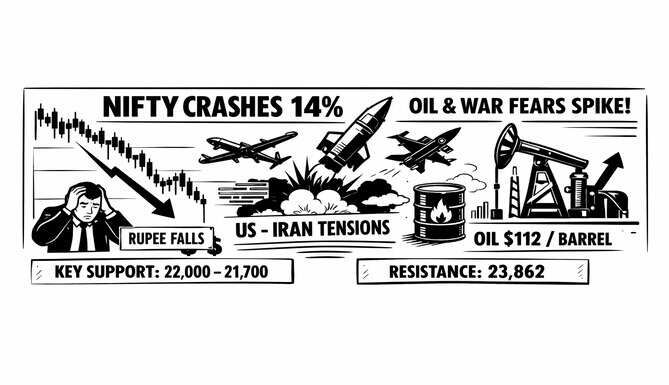 Nifty 50 falling sharply due to geopolitical tensions, rising Brent crude oil prices, and weakening Indian rupee