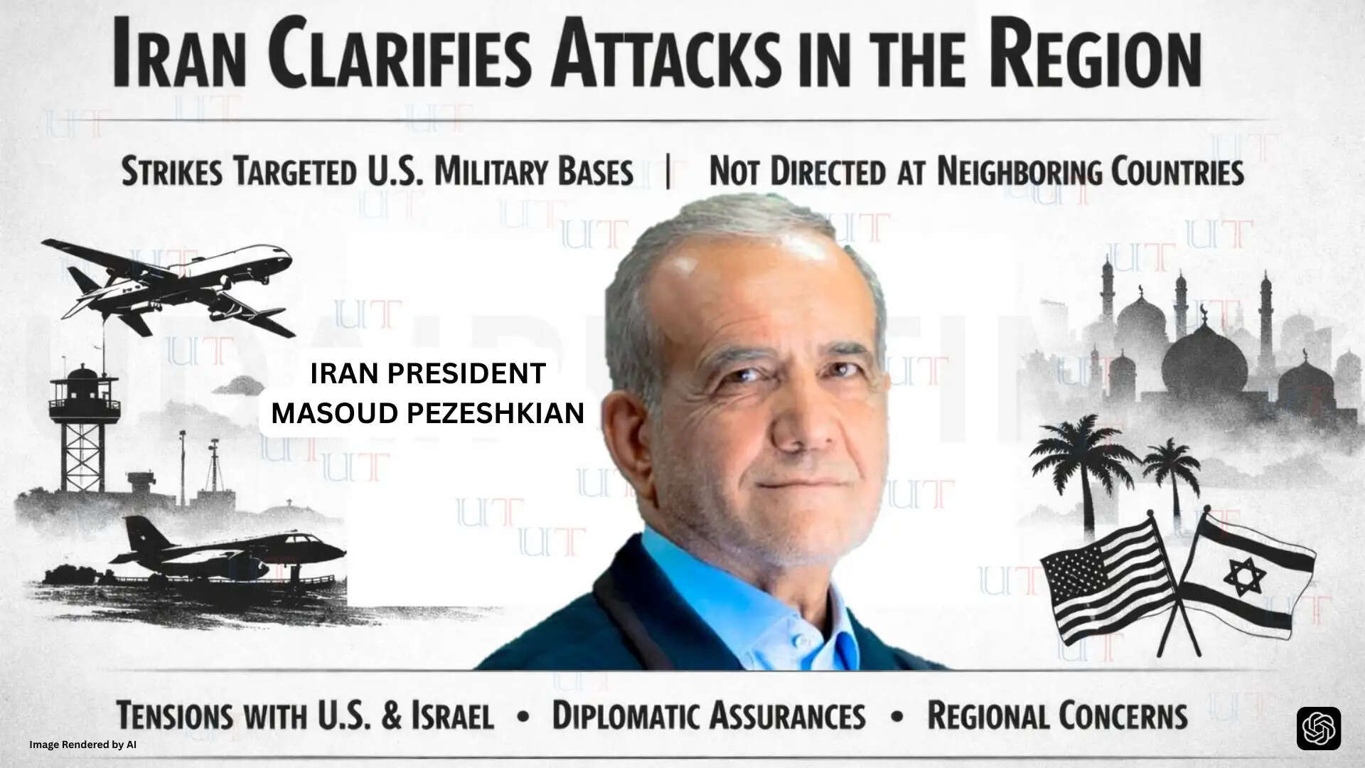 Iranian President Masoud Pezeshkian speaking about US military bases and regional tensions in the Middle East