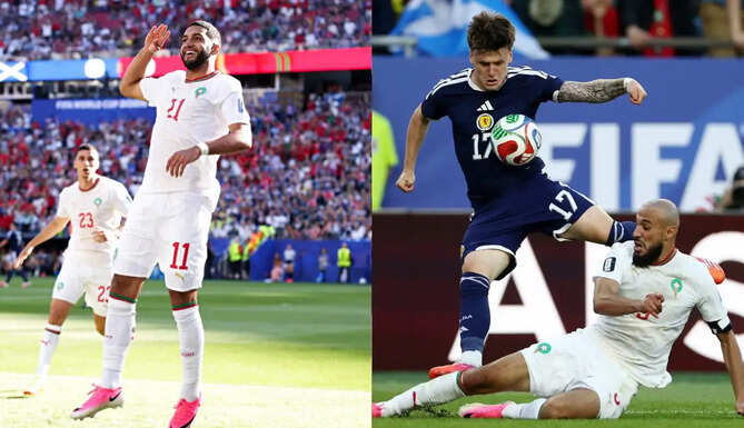 Morocco midfielder Ismael Saibari celebrates after scoring against Scotland in the FIFA World Cup 2026 Group C match.