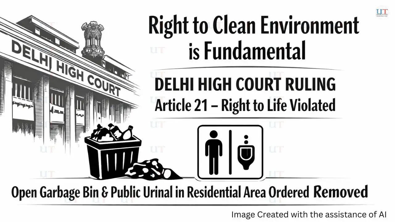 Delhi High Court building image representing 2026 judgment holding open garbage bin and public urinal violate Article 21 right to life.