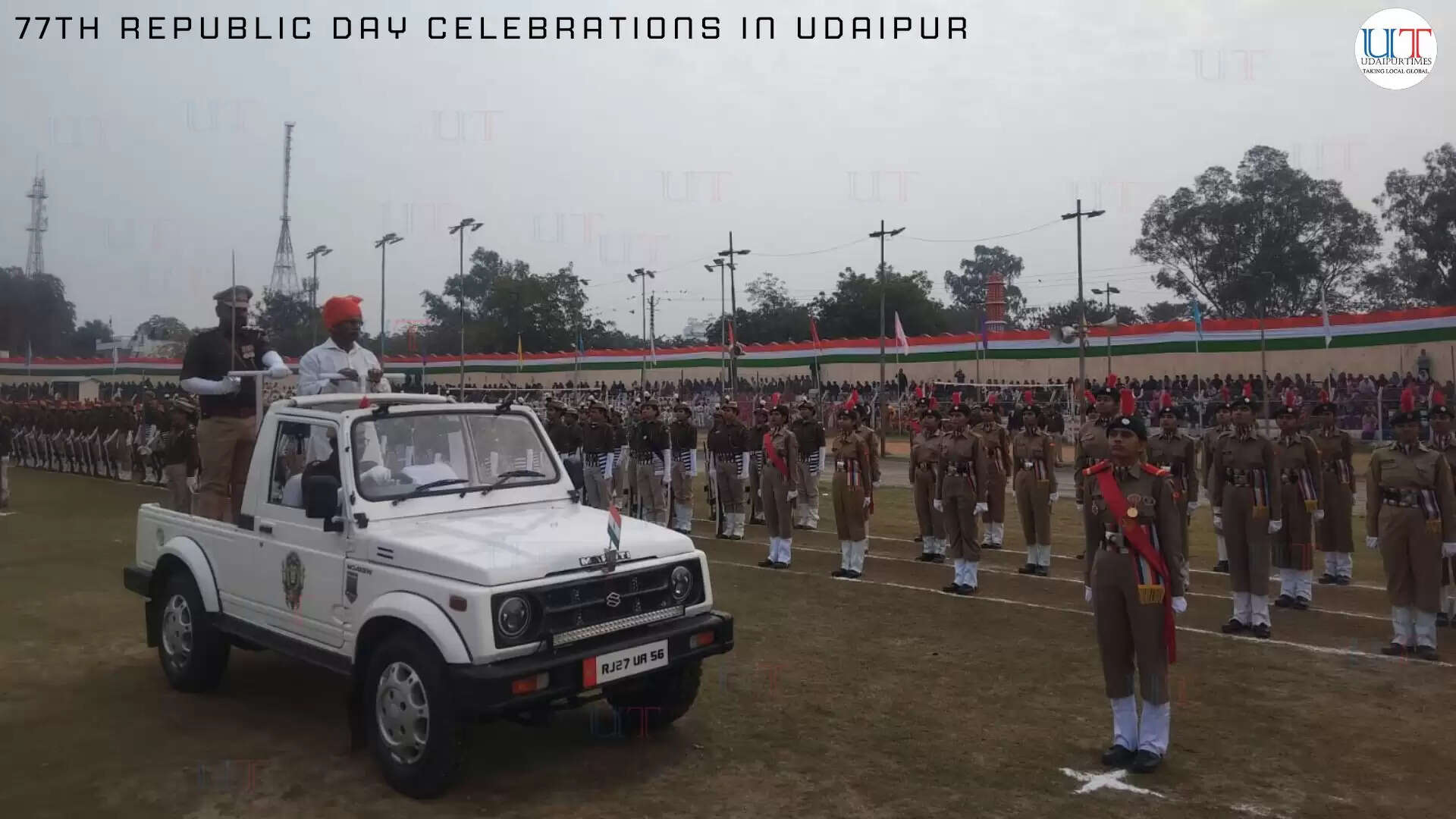 Flag hoisting ceremony during 77th Republic Day celebrations at Gandhi Ground, Udaipur