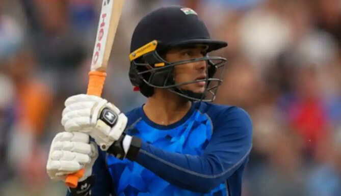 Abhishek Sharma celebrates after scoring a sensational 233 off 91 balls for Amritsar in the Punjab Inter-District Senior Competition.