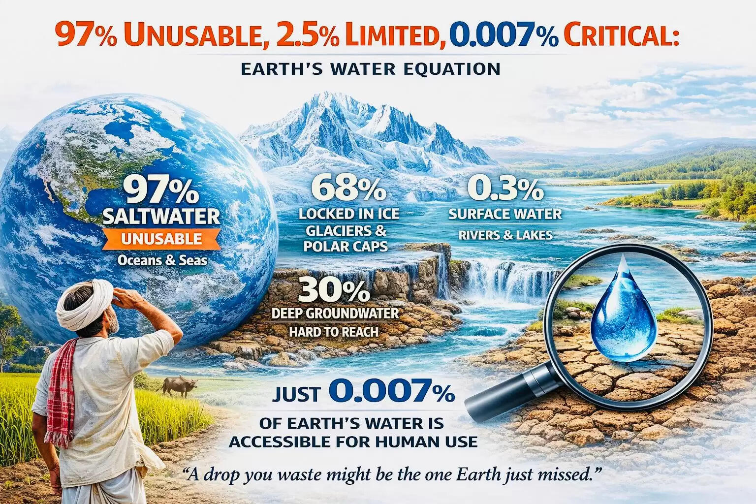 A visual representation of Earth's water distribution showing that only 0.007% is accessible freshwater for human use
