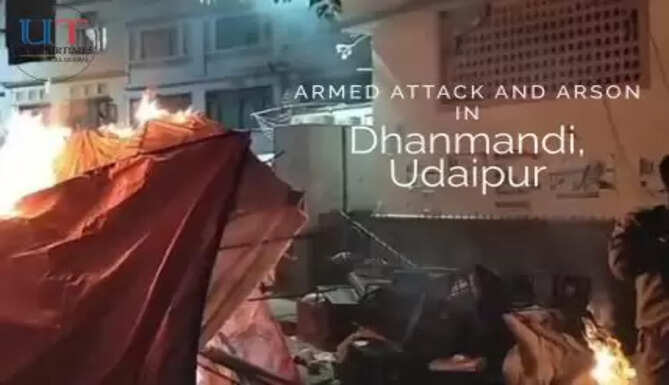 Armed attack and arson in Udaipur. Fear of communal tensions leads police to deploy armed policemen from 8 stations in the area. dhanmandi will remain closed on friday 16 may in protest against incident. one arressted. the victim is seriously injured but out of danger.
