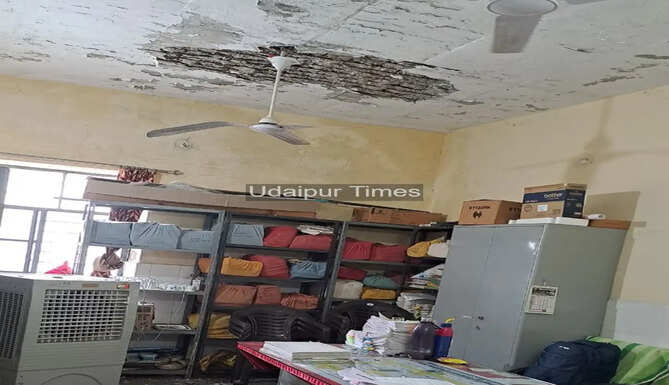 Collapsed roof plaster inside the accounts section of Kherwara Community Health Centre in Udaipur after the ceiling gave way.