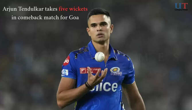 Arjun Tendulkar celebrates after taking a wicket in Goa vs Maharashtra KSCA match 2025