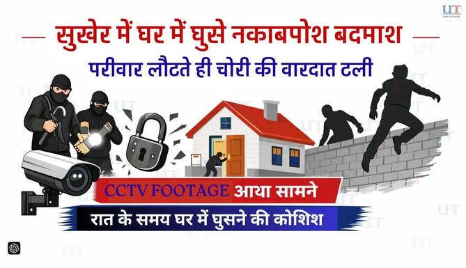 उदयपुर के सुखेर क्षेत्र में सुखाड़िया यूनिवर्सिटी अधिकारी के घर चोरी के प्रयास के बाद भागते नकाबपोश बदमाश। Attempted theft at Sukhadia University officer&rsquo;s house in Sukher, Udaipur, as masked burglars flee after family returns