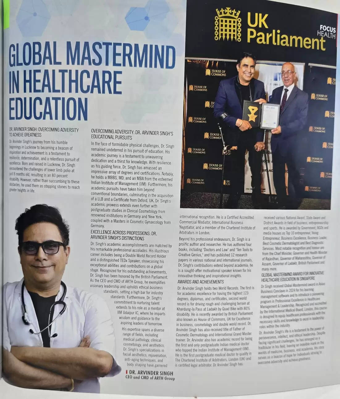 Double World Record Holder Dr Arvinder Singh of Arth Group Udaipur features in Top 100 in the India Today The Best of India 2024 edition