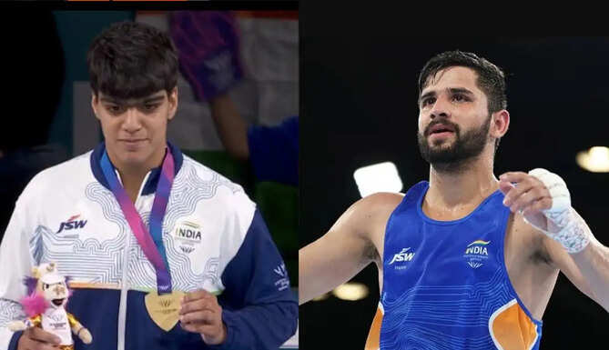 Indian women boxers celebrate after winning six gold medals at the Commonwealth Games, helping India climb to fourth in the medal standings.