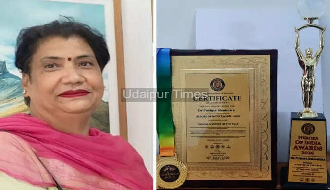Dr. Pushpa Khamesra of Udaipur receiving the Women Achiever of the Year Award 2026 at the Heroes of India Award ceremony organized by Hindustan Book of World Records in Jaipur.