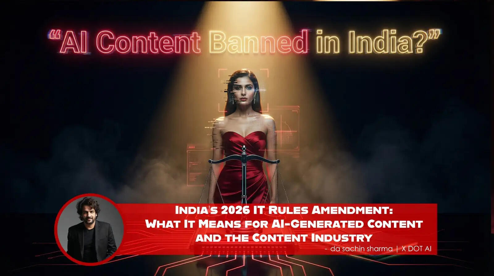 Graphic showing AI-generated content with compliance labels under India&rsquo;s 2026 IT Rules amendment.