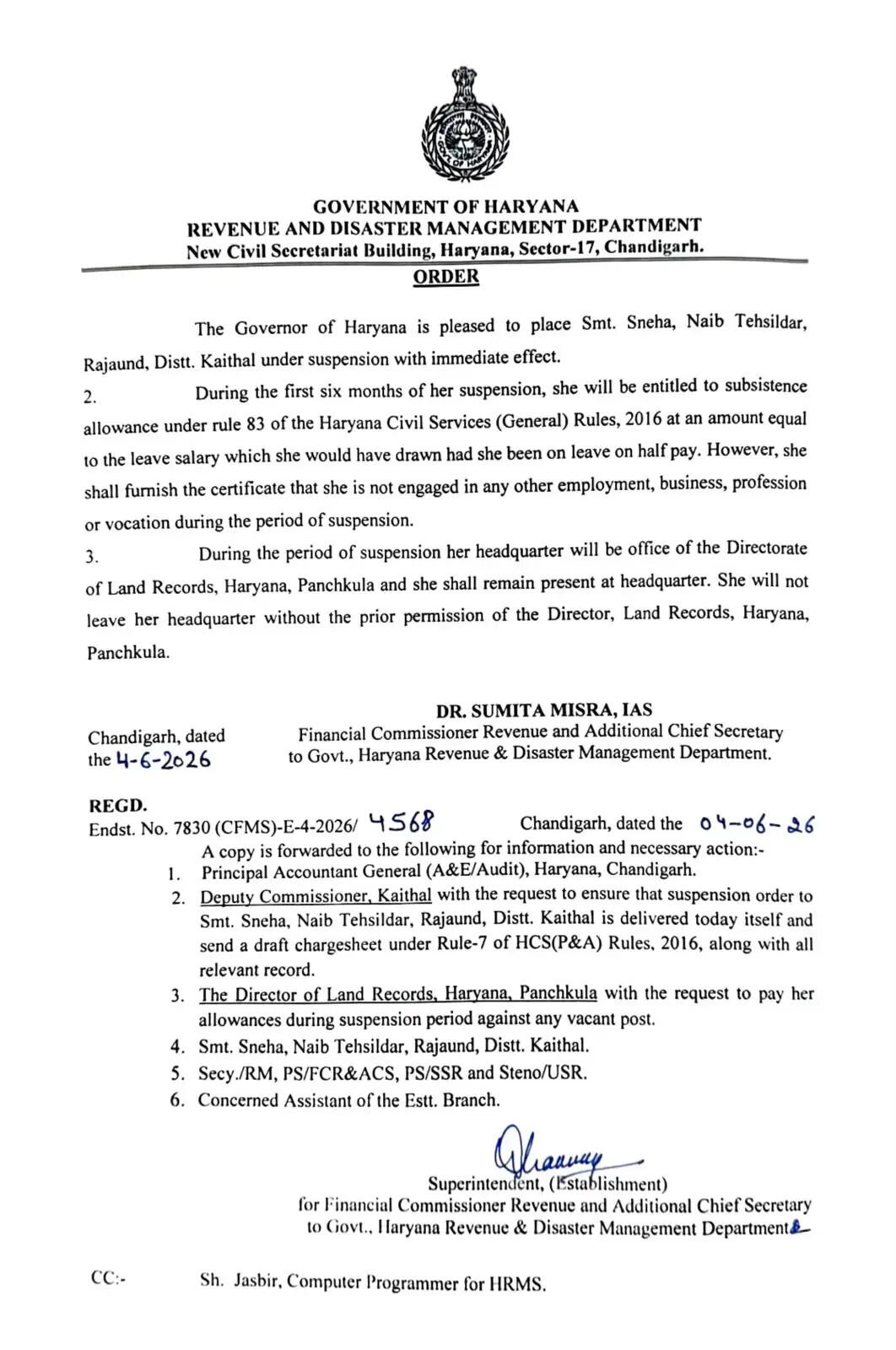 हरियाणा में नायब तहसीलदार सस्पेंड, सरकारी आदेशों पर DC की बड़ी कार्रवाई