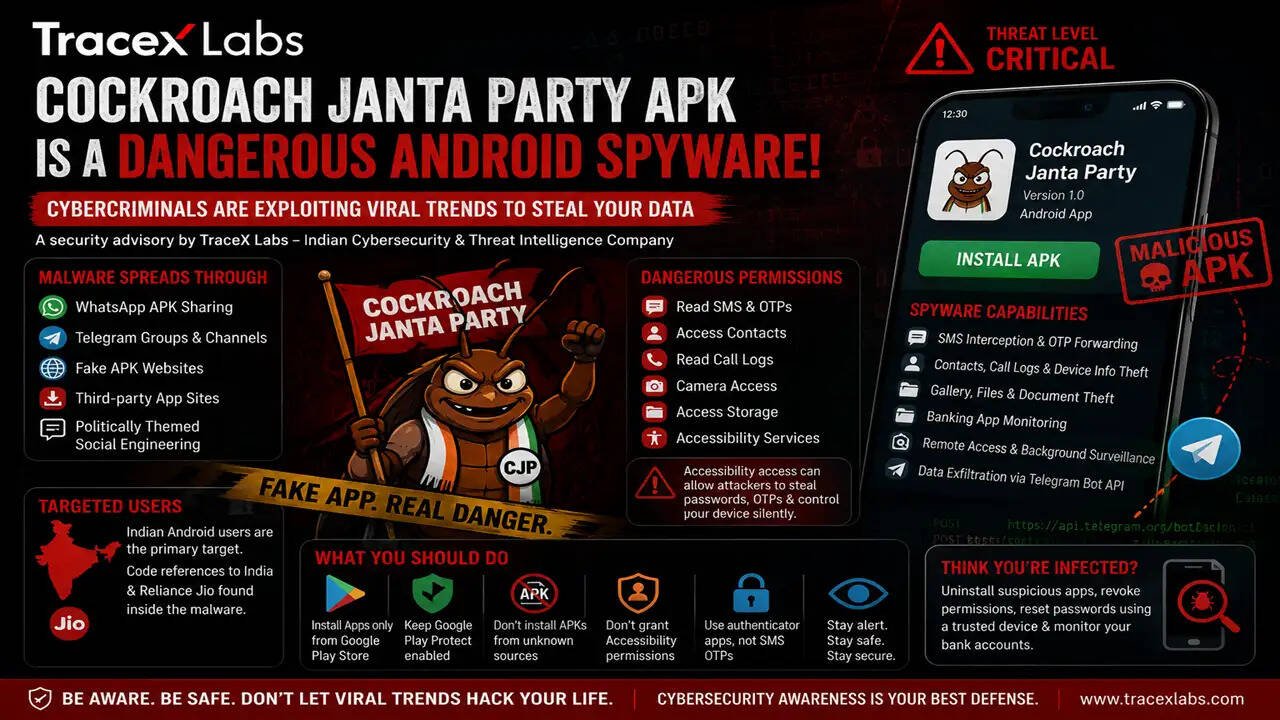 Cybersecurity warning about fake Cockroach Janta Party Android malware spreading via WhatsApp and Telegram in India