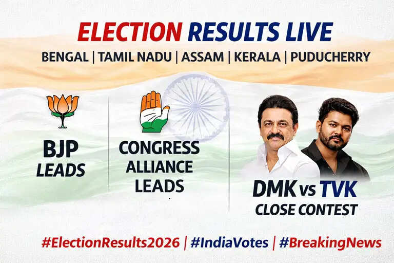 Election Results 2026 live updates map showing Bengal, Tamil Nadu, Assam, Kerala and Puducherry trends