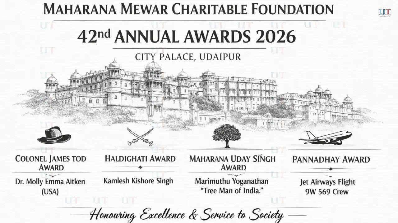 Black and white banner showing Udaipur City Palace backdrop announcing Maharana Mewar Charitable Foundation 2026 Award Ceremony at Manak Chowk