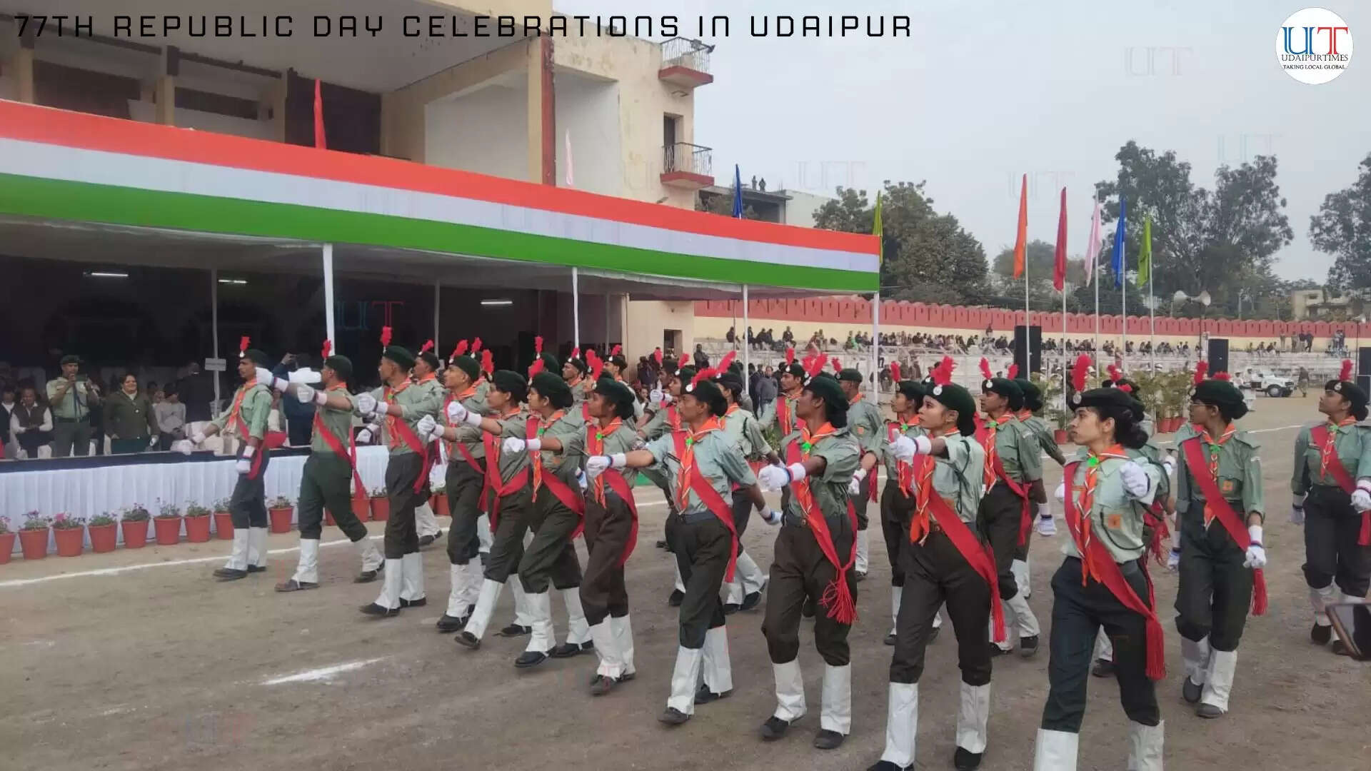 Flag hoisting ceremony during 77th Republic Day celebrations at Gandhi Ground, Udaipur