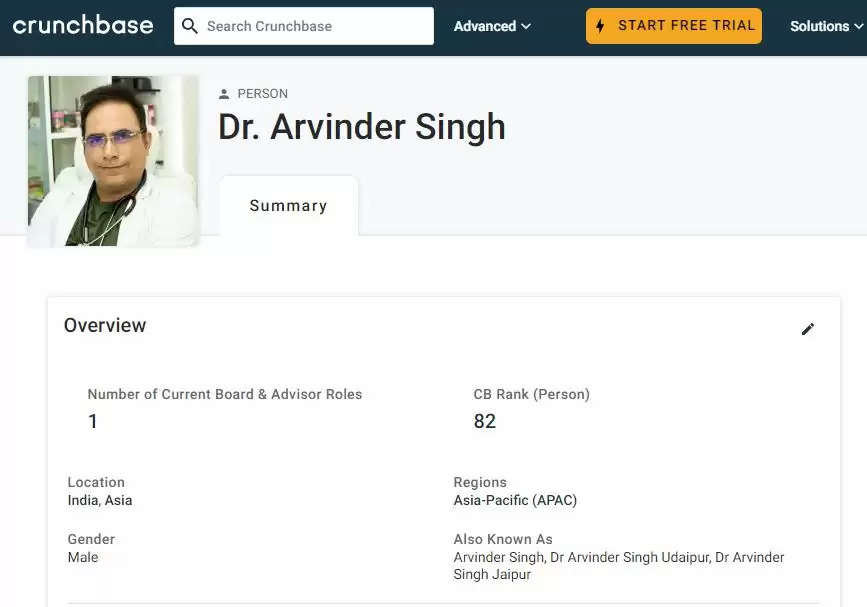 Crunchbase Ranking of Dr Arvinder Singh Udaipur Arth Group