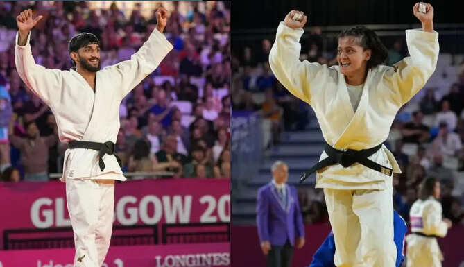 Indian judokas Harsh Singh and Asmita Dey celebrate after winning historic gold medals at the Commonwealth Games 2026 in Glasgow, Scotland.