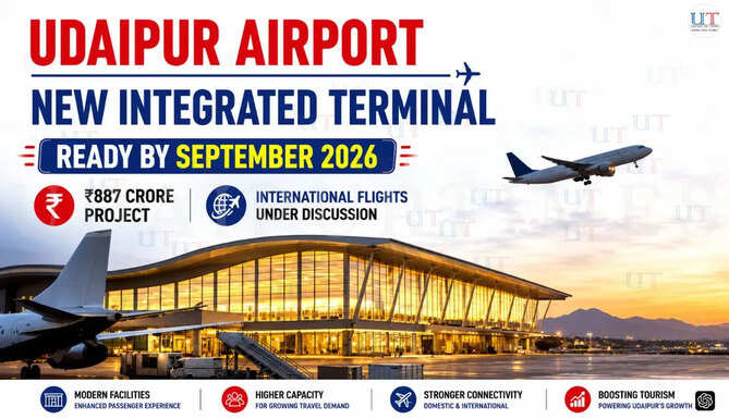 Aerial view concept of Udaipur Airport's upcoming integrated terminal project expected to be completed by September 2026, enhancing aviation connectivity in Rajasthan.