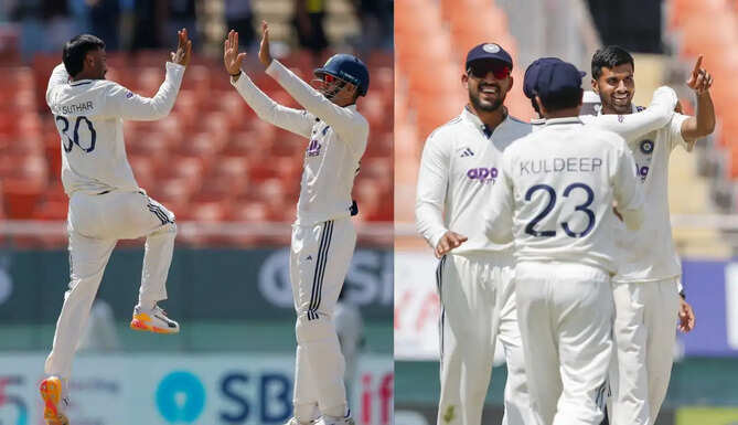 India spinner Manav Suthar celebrates after taking six wickets on his Test debut against Afghanistan in Mullanpur