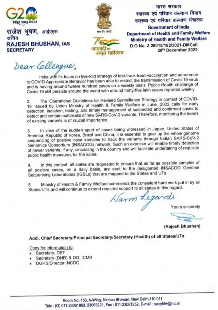 Letter Min of Health India COVID CASES SURGE PREVENTION
