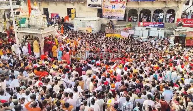 Lord Jagannath Rath Yatra 2026 procession passing through Udaipur with thousands of devotees and the historic silver chariot