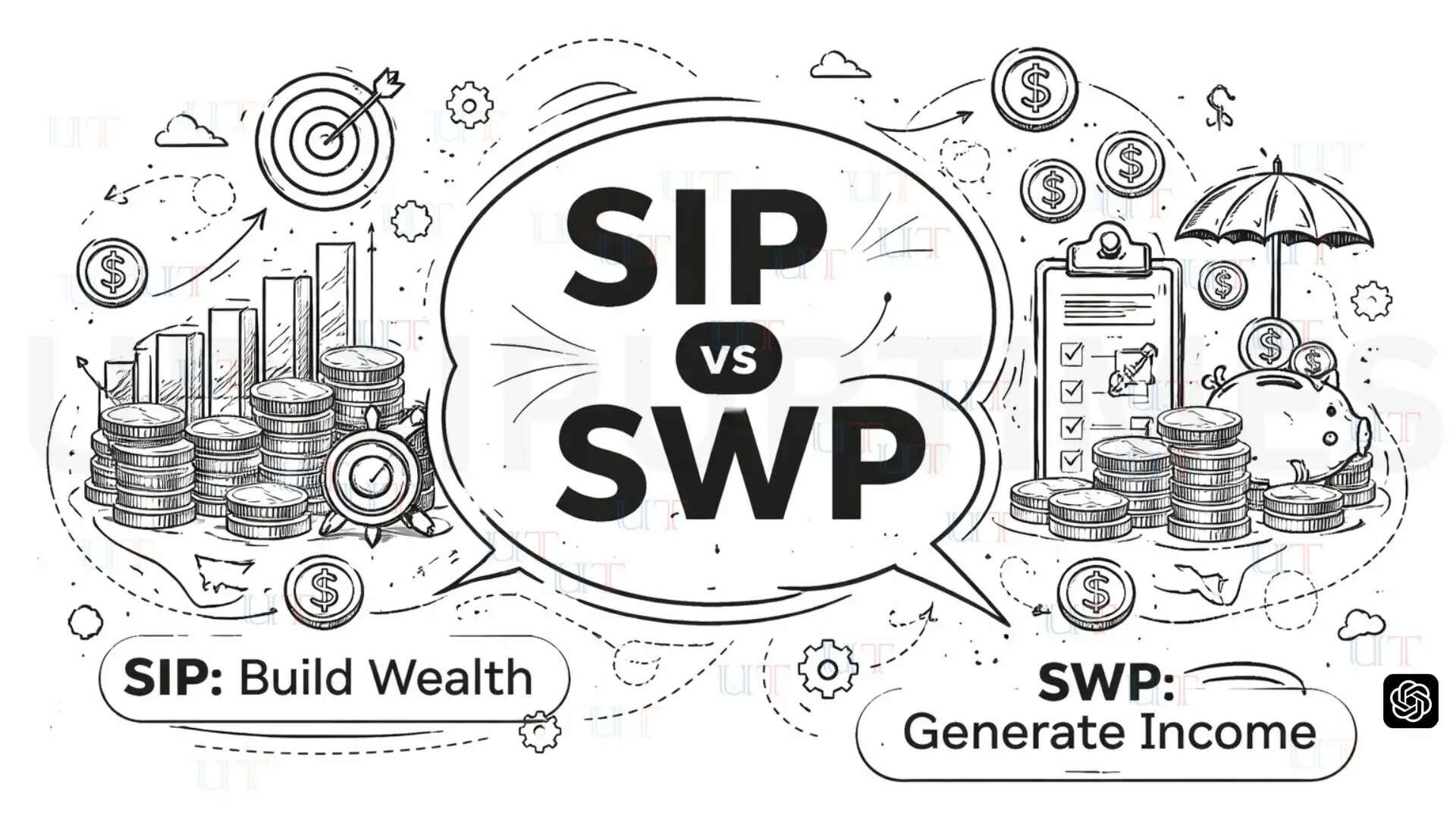 Illustration explaining the difference between SIP and SWP mutual fund investment strategies for wealth creation and income generation.