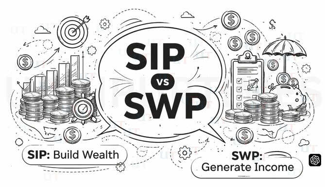 Illustration explaining the difference between SIP and SWP mutual fund investment strategies for wealth creation and income generation.