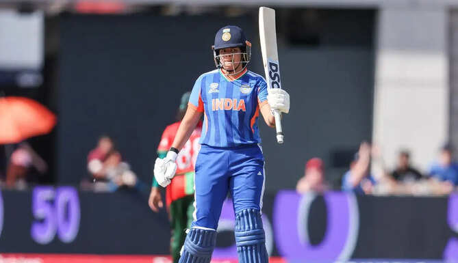 Shafali Verma plays a shot during India Women vs Bangladesh Women match in the Women&rsquo;s T20 World Cup 2026 at Old Trafford