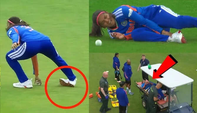 India all-rounder Shreyanka Patil leaves the field after suffering an ankle injury during the Women's T20 World Cup 2026 match against Netherlands