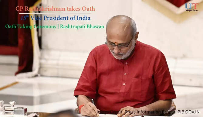 President Droupadi Murmu administering oath of office to CP Radhakrishnan as Vice President of India at Rashtrapati Bhavan, September 12, 2025