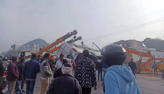 Accident near Celebration Mall in Udaipur, Private Bus Accident with Tractor One Dies and few injured