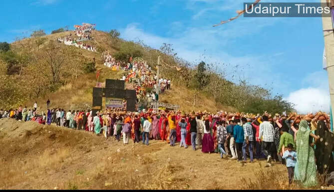 Devotees carrying Ganga Jal Kalash during historic religious event at Nandani Mata Dham in Wagadh, Rajasthan