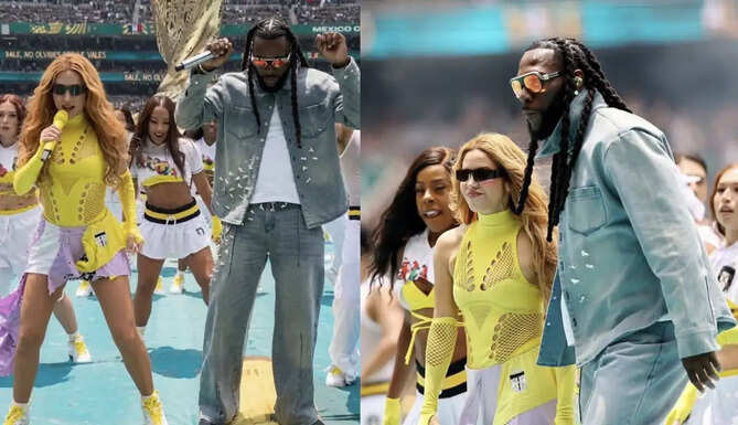 Shakira and Burna Boy perform during the FIFA World Cup 2026 opening ceremony at Estadio Azteca in Mexico City.
