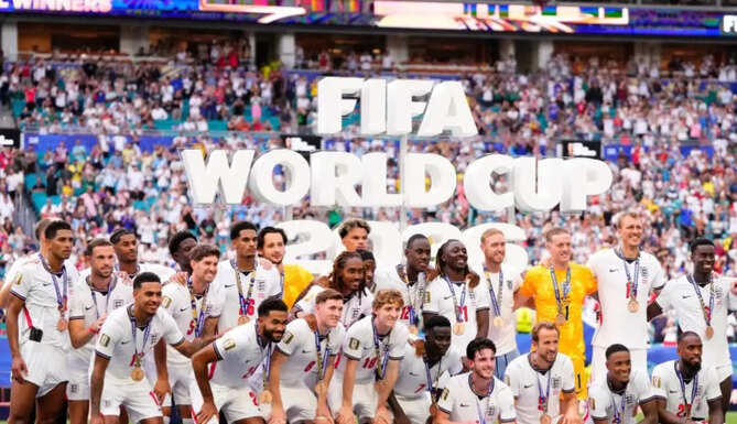 Bukayo Saka celebrates after scoring a hat-trick during England's 6-4 victory over France in the FIFA World Cup bronze medal match.