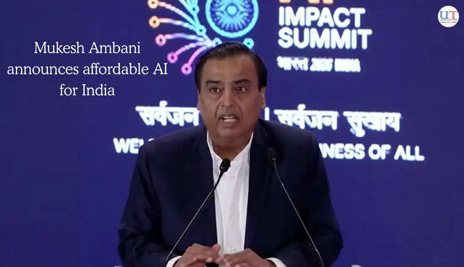 Mukesh Ambani speaking about affordable AI investment at India AI Impact Summit