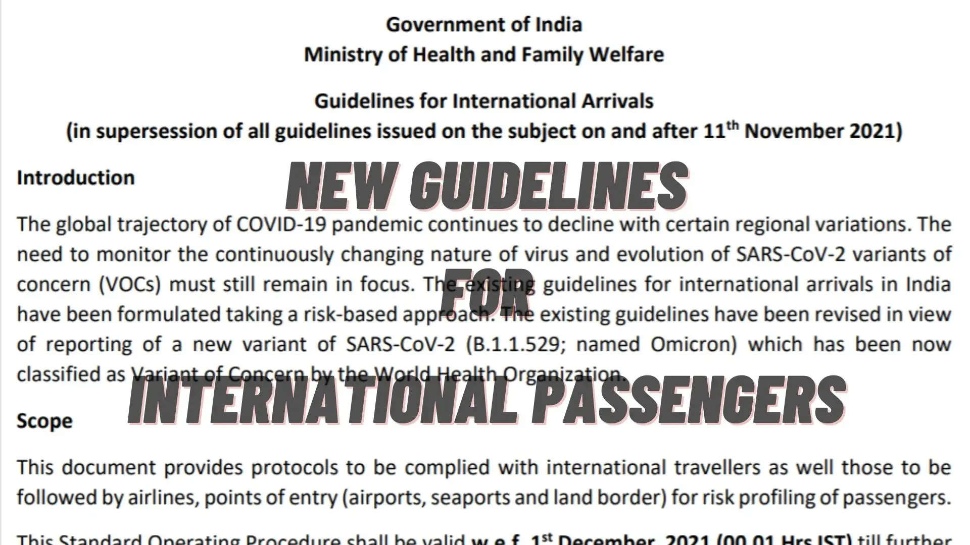 ministry of health new guidelines for international passengers arriving in india 1 december 2021 Omicron scare COVID Variant of Concern WHO