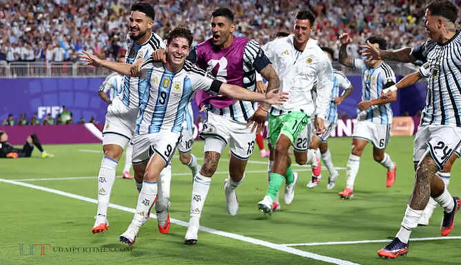 Argentina players celebrate after reaching the FIFA World Cup semi-finals without facing a top-15 FIFA-ranked team before the last four.