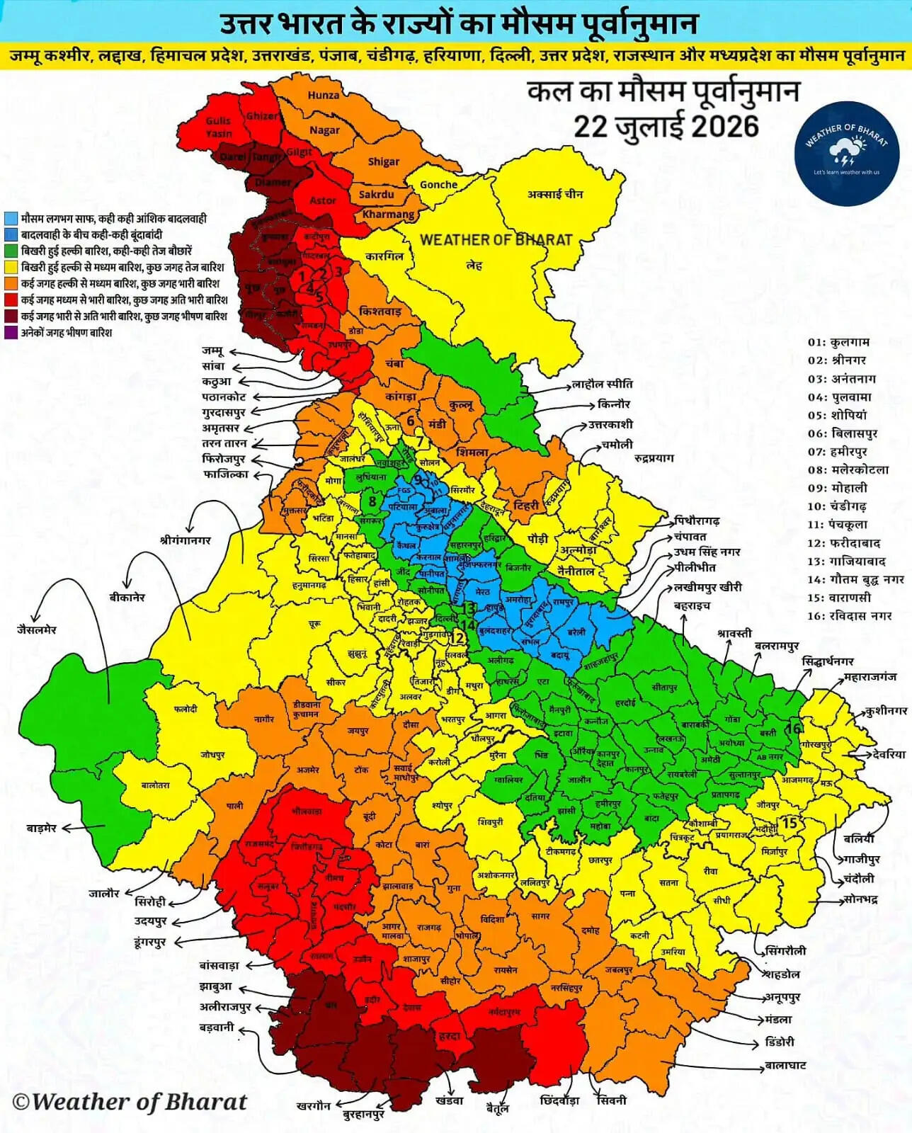 कल 22 जुलाई का मौसम : नया पश्चिमी विक्षोभ हुआ सक्रिय ! दिल्ली-हरियाणा-राजस्थान और पंजाब समेत कई राज्यों में भारी बारिश का अलर्ट