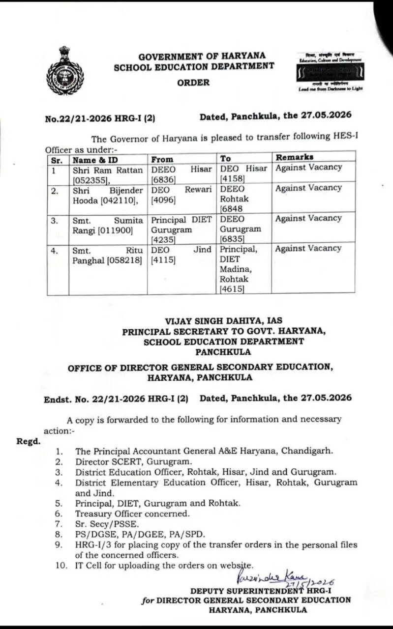 हरियाणा के शिक्षा विभाग में बड़े तबादले