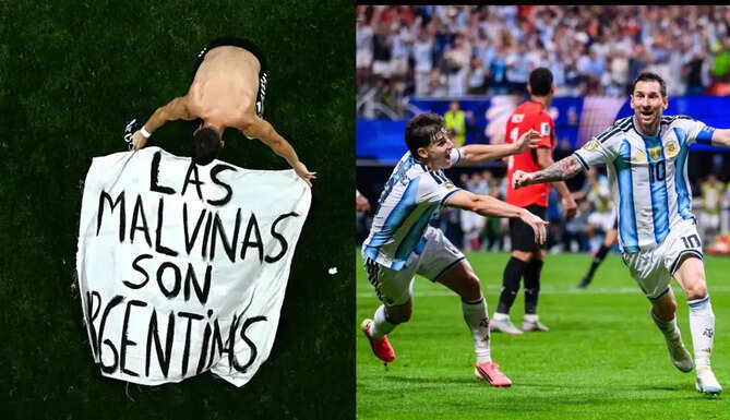 Argentina players celebrate after the World Cup semi-final as FIFA investigates the controversial Falklands banner displayed during the celebrations.