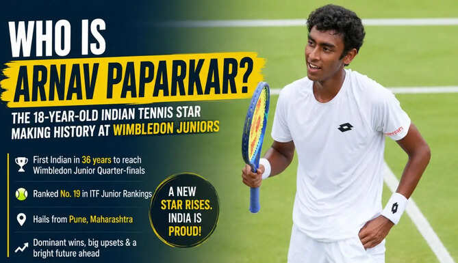 Indian tennis player Arnav Paparkar celebrates after reaching the Wimbledon Junior Boys' Singles quarter-finals in London.