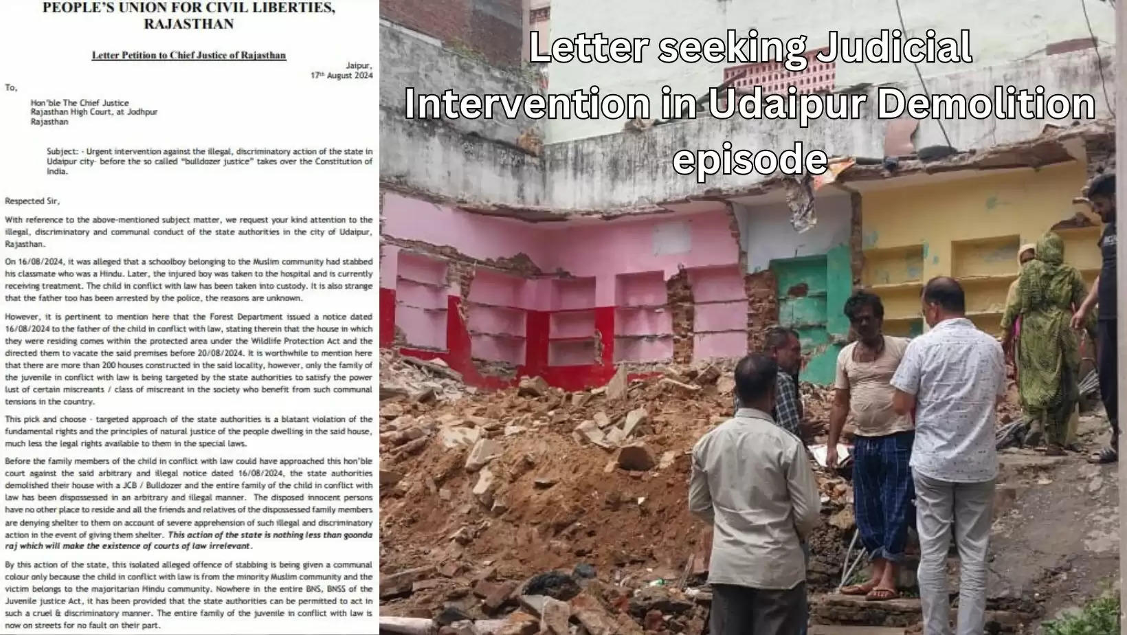 Demand for intervention from Chief Justice against the so-called "Bulldozer Justice" PUCL seeks Judicial Intervention from Chief Justice of Rajasthan