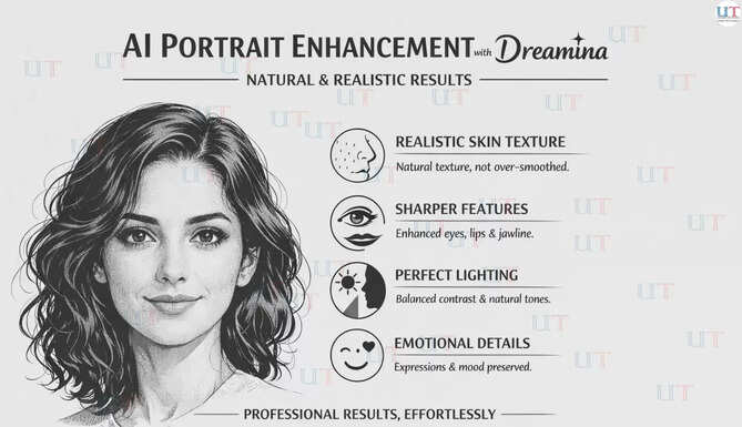 AI-enhanced portrait showing natural skin, sharp features, and perfect lighting using Dreamina