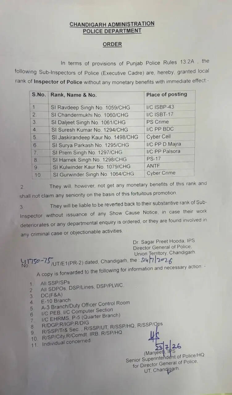 चंडीगढ़ में इन पुलिसकर्मियों को मिला स्थानीय रैंक