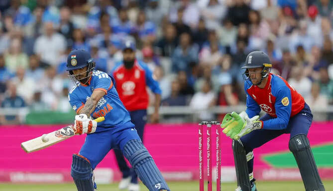 Jacob Bethell celebrates after his unbeaten 76 as England defeat India by four wickets in the second T20I at Old Trafford.