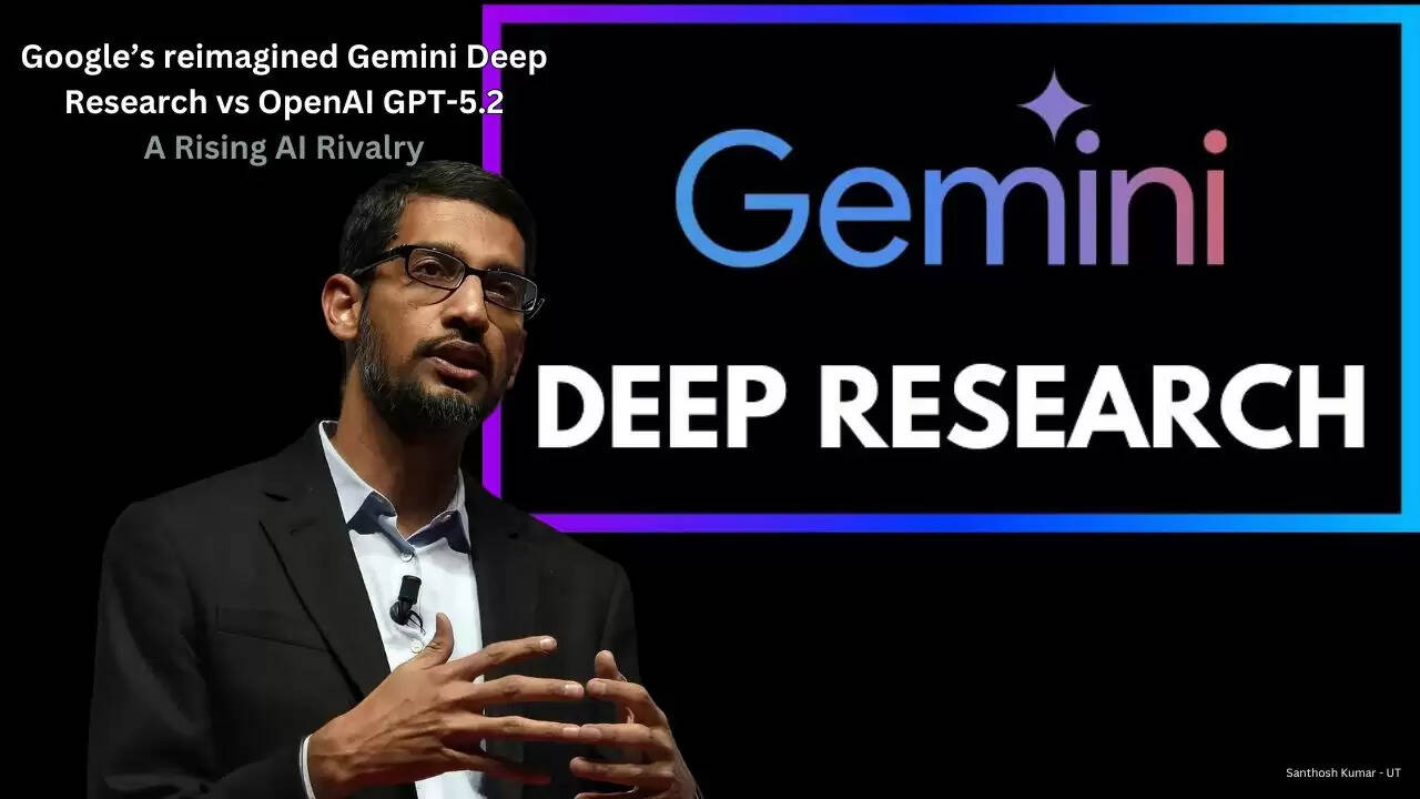 Illustration comparing Google’s upgraded Gemini Deep Research AI agent with OpenAI’s newly launched GPT-5.2 model.