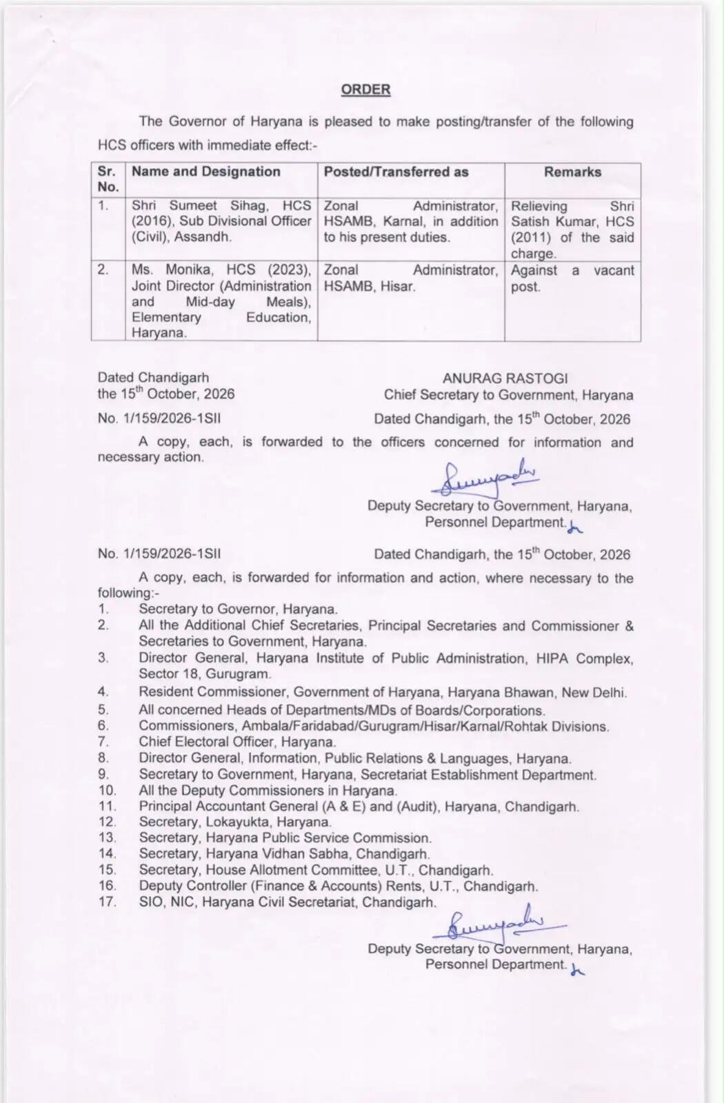 हरियाणा में 2 HCS अधिकारियों का तबादला, देखें आदेश