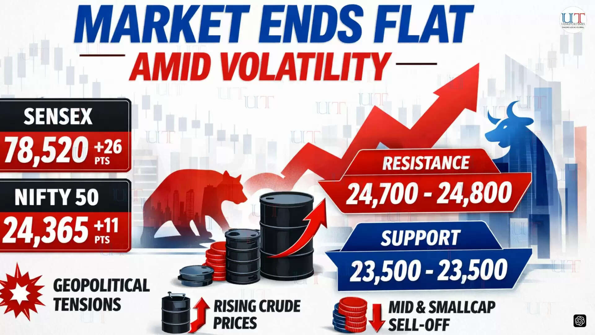 Sensex and Nifty closing flat on April 20 amid market volatility, geopolitical tensions, and rising crude oil prices